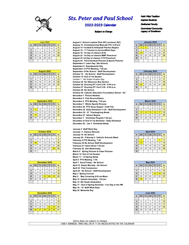 Calendars « Saints Peter and Paul Catholic School